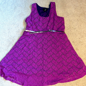 EGC beautiful eyelet / fully lined purple fit and flare dress with gold belt‎